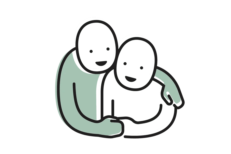 Enkel illustrasjon av to ansiktsløse skikkelser; den ene har en grønn arm som klemmer og trøster den andre, som er hvit. Begge ser ut til å sitte tett inntil hverandre og smiler forsiktig. Bakgrunnen er ensfarget lysegrå.